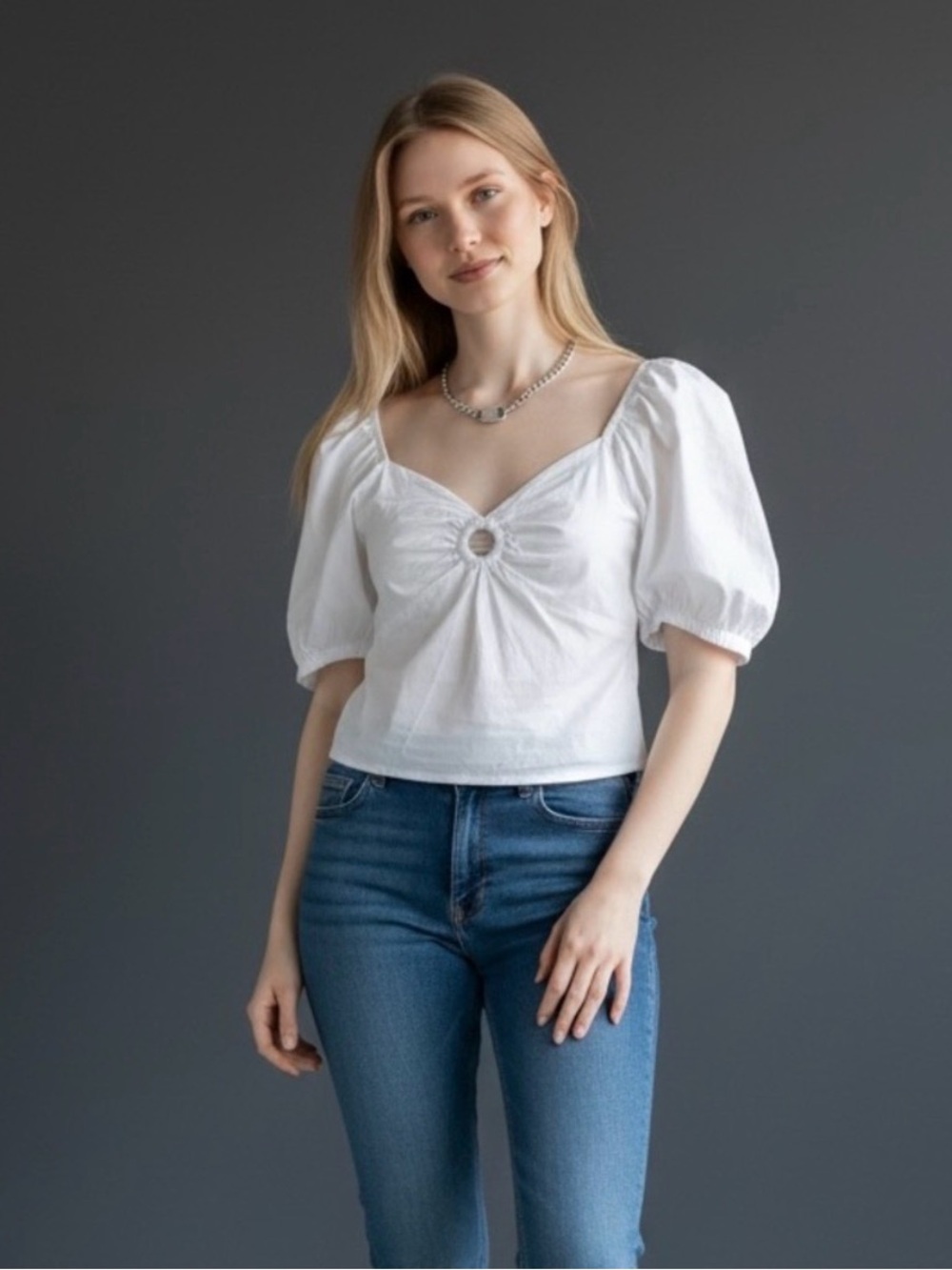 Classic White Puff-Sleeve Ring-Detail Crop Top